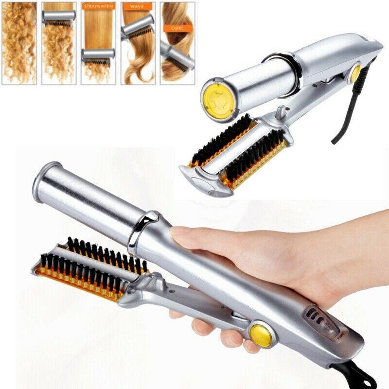 Professional 2-Way Rotating Curling Iron Hair Brush Curler Straightener