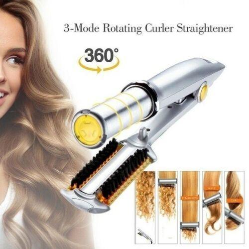 Professional 2-Way Rotating Curling Iron Hair Brush Curler Straightener